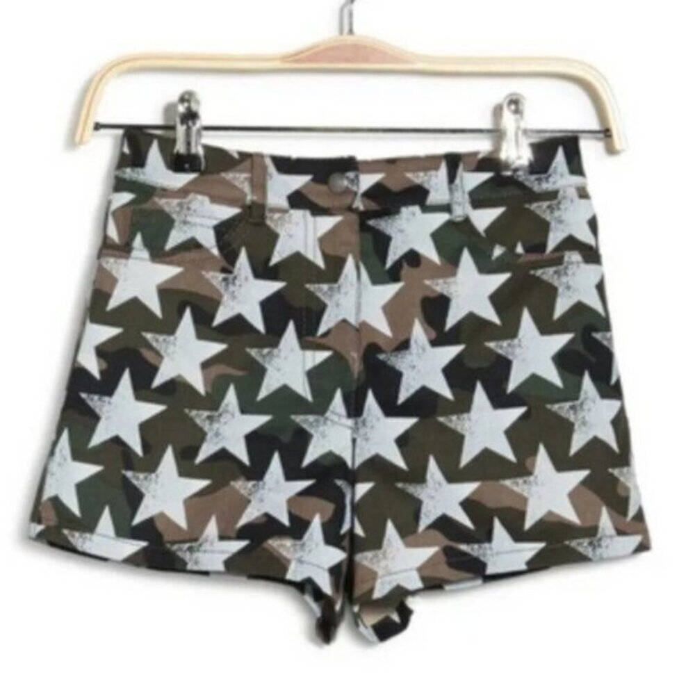 Valentino Camouflage Green Brown Star-Print Jean Shorts